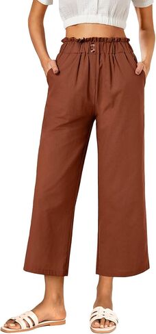 Women's Casual Linen Elastic High Waist Wide Leg Crop Pants Trousers with Pockets in Saudi Arabia