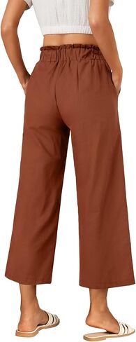Women's Casual Linen Elastic High Waist Wide Leg Crop Pants Trousers with Pockets in Saudi Arabia