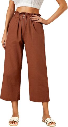 Women's Casual Linen Elastic High Waist Wide Leg Crop Pants Trousers with Pockets in Saudi Arabia