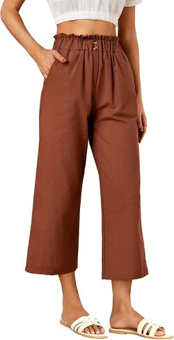 Women's Casual Linen Elastic High Waist Wide Leg Crop Pants Trousers with Pockets in Saudi Arabia
