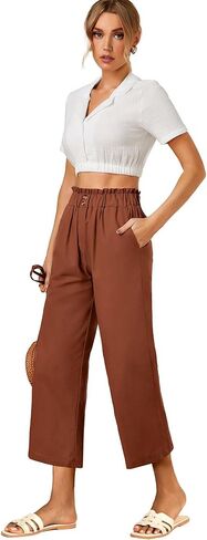 Women's Casual Linen Elastic High Waist Wide Leg Crop Pants Trousers with Pockets in Saudi Arabia