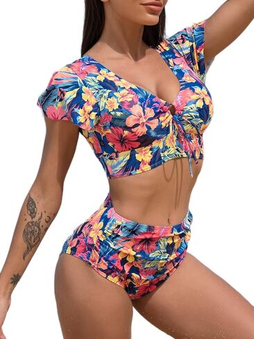 مجموعات بيكيني عالية الخصر من BIKINX للنساء مكونة من قطعتين ملابس سباحة وبدلات استحمام مكشكشة ومزينة بالزهور in Kuwait