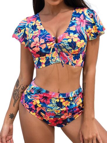 مجموعات بيكيني عالية الخصر من BIKINX للنساء مكونة من قطعتين ملابس سباحة وبدلات استحمام مكشكشة ومزينة بالزهور in Kuwait