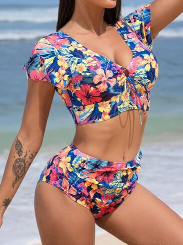 مجموعات بيكيني عالية الخصر من BIKINX للنساء مكونة من قطعتين ملابس سباحة وبدلات استحمام مكشكشة ومزينة بالزهور in Kuwait