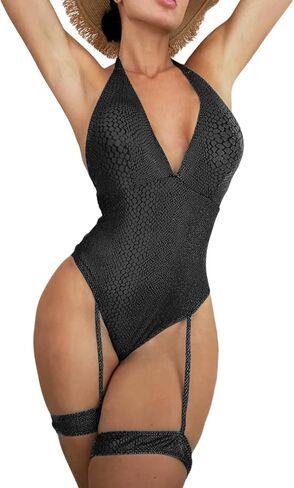 JUMISEE Women Snakeskin Print Metallic Swimsuit with Garter Belt Sexy Plunging Backless Bathing Suit Festival Outfit in Saudi Arabia