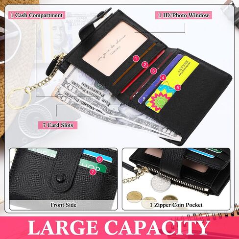 2 Pcs Slim Wallet for Women Gift Keychain Wallet Leather Bifold Credit Card Holder Wrist Wallet for Travel Zipper Coin Pocket ID Window in Saudi Arabia