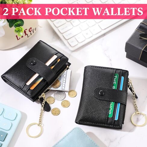2 Pcs Slim Wallet for Women Gift Keychain Wallet Leather Bifold Credit Card Holder Wrist Wallet for Travel Zipper Coin Pocket ID Window in Saudi Arabia