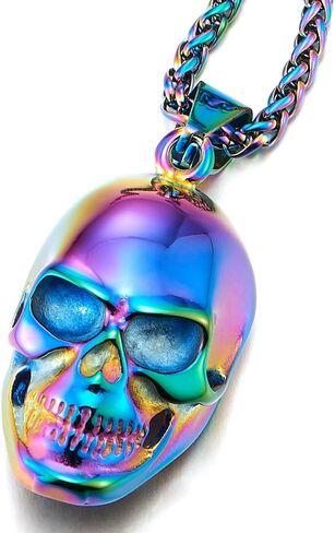 COOLSTEELANDBEYOND Stainless Steel Colorful Skull Pendant Necklace for Mens Women Polished with 23.6 inches Wheat Chain in Saudi Arabia