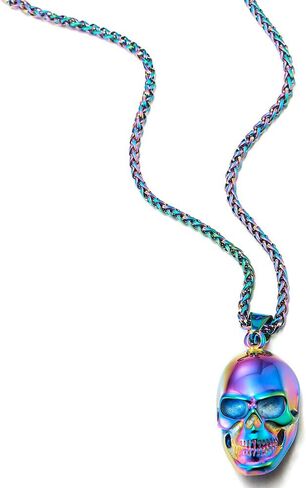 COOLSTEELANDBEYOND Stainless Steel Colorful Skull Pendant Necklace for Mens Women Polished with 23.6 inches Wheat Chain in Saudi Arabia