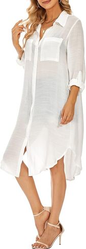 سترة سباحة نسائية من Moss Rose لتغطية الشاطئ، سترة بيكيني للشاطئ، قميص كاجوال بأزرار سفلية للعطلات الصيفية in Kuwait