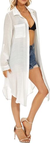 سترة سباحة نسائية من Moss Rose لتغطية الشاطئ، سترة بيكيني للشاطئ، قميص كاجوال بأزرار سفلية للعطلات الصيفية in Kuwait