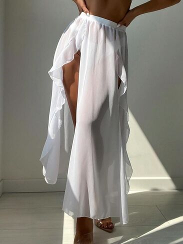 OYOANGLE Women's Mesh Sheer Split Thigh Ruffle Trim Beach Maxi Skirts Cover Up Beachwear in Saudi Arabia