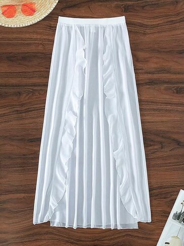 OYOANGLE Women's Mesh Sheer Split Thigh Ruffle Trim Beach Maxi Skirts Cover Up Beachwear in Saudi Arabia
