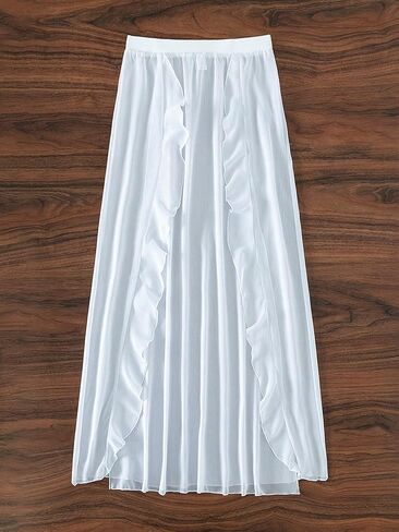 OYOANGLE Women's Mesh Sheer Split Thigh Ruffle Trim Beach Maxi Skirts Cover Up Beachwear in Saudi Arabia