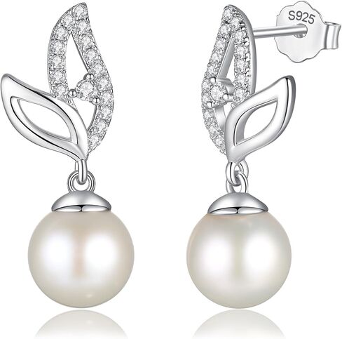 FANCIME Pearl Earrings 925 Sterling Silver Leaf Pearl Stud Earrings Dangle Earrings with Genuine Quality 8.5-9mm Freshwater Cultured Pearls Fine Pearl Jewelry for Women in Saudi Arabia