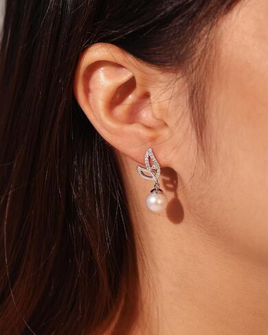 FANCIME Pearl Earrings 925 Sterling Silver Leaf Pearl Stud Earrings Dangle Earrings with Genuine Quality 8.5-9mm Freshwater Cultured Pearls Fine Pearl Jewelry for Women in Saudi Arabia