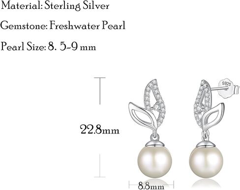 FANCIME Pearl Earrings 925 Sterling Silver Leaf Pearl Stud Earrings Dangle Earrings with Genuine Quality 8.5-9mm Freshwater Cultured Pearls Fine Pearl Jewelry for Women in Saudi Arabia