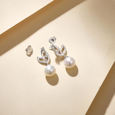FANCIME Pearl Earrings 925 Sterling Silver Leaf Pearl Stud Earrings Dangle Earrings with Genuine Quality 8.5-9mm Freshwater Cultured Pearls Fine Pearl Jewelry for Women in Saudi Arabia