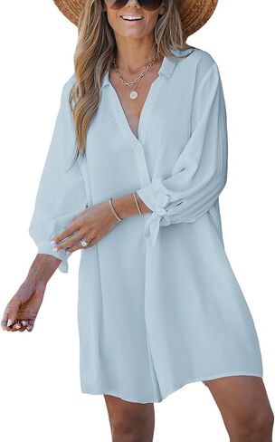 CUPSHE Women Shirt Mini Beach Dress 3/4 Sleeve Button Down Cover Up Dress Midi Summer Dresses in Saudi Arabia