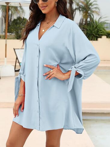 CUPSHE Women Shirt Mini Beach Dress 3/4 Sleeve Button Down Cover Up Dress Midi Summer Dresses in Saudi Arabia