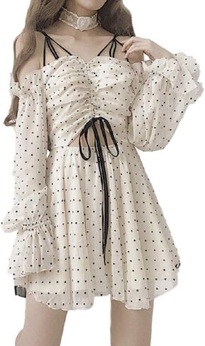 اليابانية مثير لطيف لوليتا المرأة الشاطئ قبالة الكتف الشيفون فستان طويل الأكمام المايوه الغطاء in Kuwait