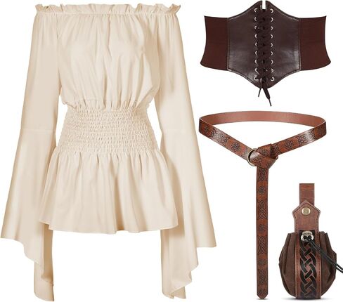 Vabean 4 قطع أزياء عصر النهضة النسائية مجموعة عصر النهضة القراصنة قميص القرون الوسطى فو حزام جلد الحقيبة تعادل مشد in Kuwait