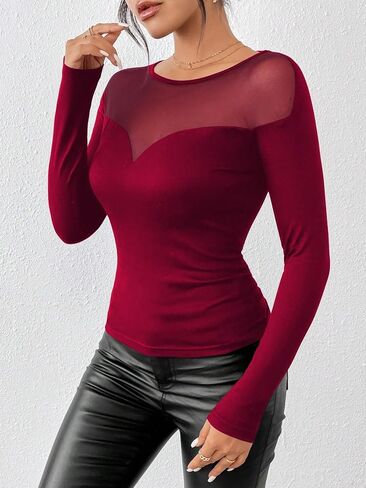 SweatyRocks Women's Contrast Sheer Mesh Slim Fit Tee Top Long Sleeve Round Neck T Shirt in Saudi Arabia