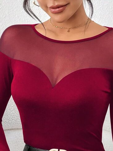SweatyRocks Women's Contrast Sheer Mesh Slim Fit Tee Top Long Sleeve Round Neck T Shirt in Saudi Arabia
