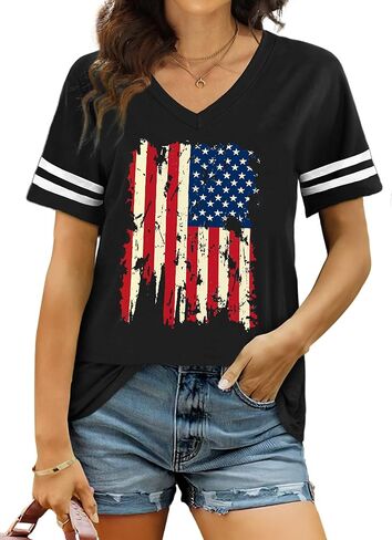 قمصان العلم الأمريكي للسيدات قميص وطني الرابع من يوليو تي شيرت صيفي بأكمام قصيرة ورقبة على شكل حرف v in Kuwait