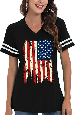 قمصان العلم الأمريكي للسيدات قميص وطني الرابع من يوليو تي شيرت صيفي بأكمام قصيرة ورقبة على شكل حرف v in Kuwait