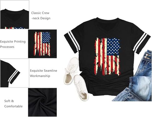 قمصان العلم الأمريكي للسيدات قميص وطني الرابع من يوليو تي شيرت صيفي بأكمام قصيرة ورقبة على شكل حرف v in Kuwait
