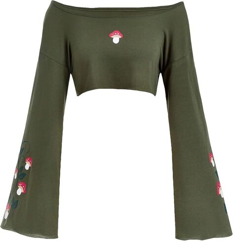 SOLY HUX Women's Off Shoulder Bell Long Sleeve Crop Top Mushroom Print Tee T Shirt in Saudi Arabia