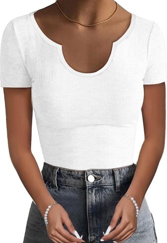 قمصان باشافو النسائية بأكمام قصيرة مضلعة ورقبة واسعة، قمصان أساسية ضيقة، قمصان صيفية عصرية in Kuwait