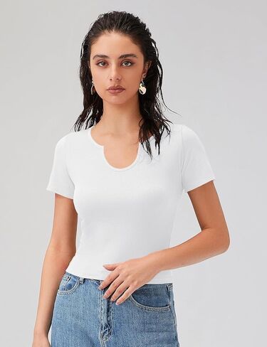 قمصان باشافو النسائية بأكمام قصيرة مضلعة ورقبة واسعة، قمصان أساسية ضيقة، قمصان صيفية عصرية in Kuwait