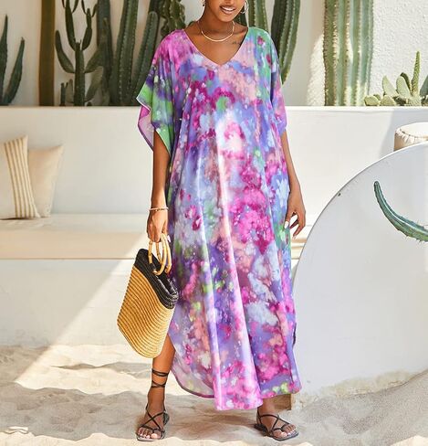 فستان قفطان نسائي برباط مصبوغ ورقبة على شكل حرف V قفطان رايون مقاس كبير قفطان طويل للشاطئ بوهو in Kuwait