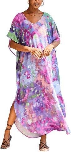 Women's Tie-Dye Swim Cover Up V-Neck Rayon Caftan Dress Plus Size Boho Beach Long Kaftan in Saudi Arabia