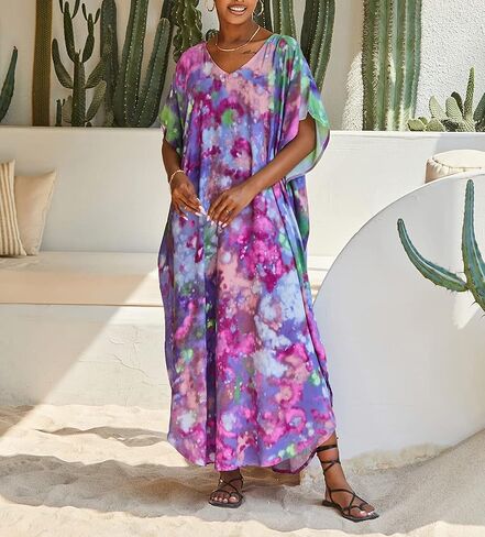 Women's Tie-Dye Swim Cover Up V-Neck Rayon Caftan Dress Plus Size Boho Beach Long Kaftan in Saudi Arabia