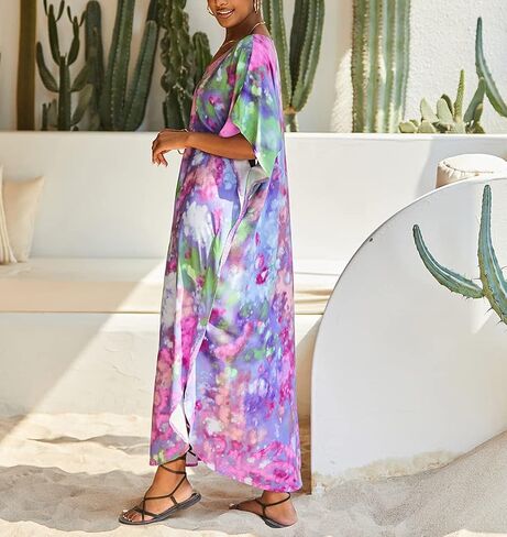 Women's Tie-Dye Swim Cover Up V-Neck Rayon Caftan Dress Plus Size Boho Beach Long Kaftan in Saudi Arabia