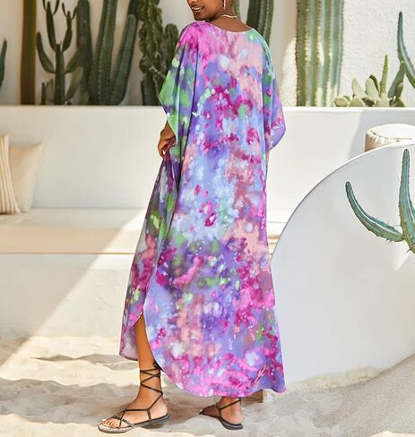 Women's Tie-Dye Swim Cover Up V-Neck Rayon Caftan Dress Plus Size Boho Beach Long Kaftan in Saudi Arabia