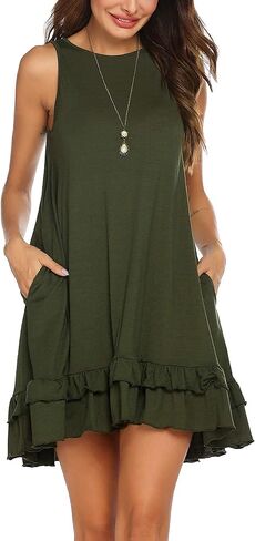 فستان Beyove كاجوال للنساء صيفي بحاشية مكشكشة بدون أكمام فستان بيكيني للشاطئ يغطي فساتين الشمس مع جيوب in Kuwait