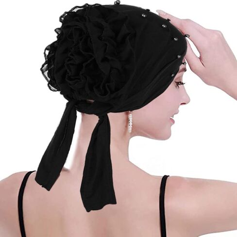 YBSHIN Women Flower Head Wrap Black African Pearl Turban Beanie Head Scarf Chemo Cap Hat for Cancer Hairloss Headcover in Kuwait