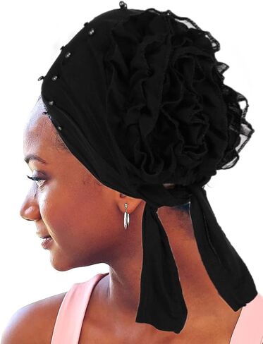 YBSHIN Women Flower Head Wrap Black African Pearl Turban Beanie Head Scarf Chemo Cap Hat for Cancer Hairloss Headcover in Kuwait
