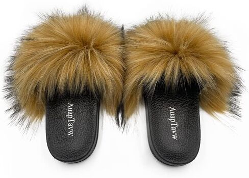 AuapTavw Women's Faux Fur Slides Slippers Fluffy Fuzzy Sandals Furry Slide Flip Flop Open Toe Indoor Outdoor in Saudi Arabia