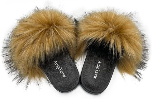 AuapTavw Women's Faux Fur Slides Slippers Fluffy Fuzzy Sandals Furry Slide Flip Flop Open Toe Indoor Outdoor in Saudi Arabia