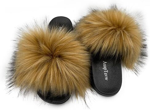 AuapTavw Women's Faux Fur Slides Slippers Fluffy Fuzzy Sandals Furry Slide Flip Flop Open Toe Indoor Outdoor in Saudi Arabia