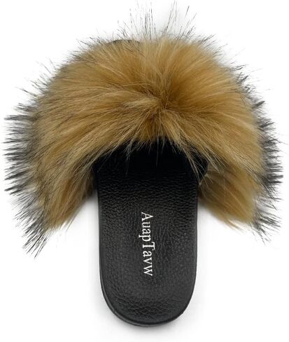 AuapTavw Women's Faux Fur Slides Slippers Fluffy Fuzzy Sandals Furry Slide Flip Flop Open Toe Indoor Outdoor in Saudi Arabia
