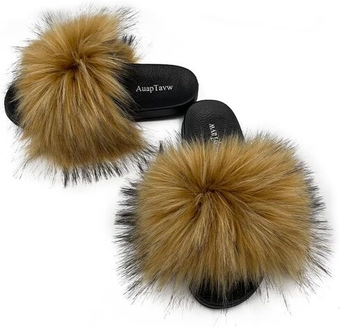 AuapTavw Women's Faux Fur Slides Slippers Fluffy Fuzzy Sandals Furry Slide Flip Flop Open Toe Indoor Outdoor in Saudi Arabia