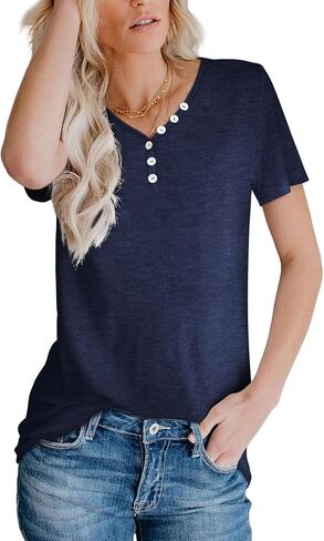 تي شيرت حريمي صيفي برقبة على شكل حرف V من DittyandVibe بأزرار فضفاضة كاجوال من Henley Tunic in Saudi Arabia