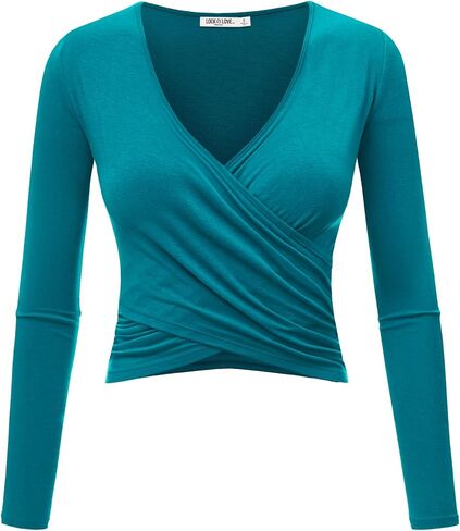 Lock and Love Women's Premium Short/Long Sleeve Deep V Neck Slim fit Cross Wrap Crop top Shirt-Made in USA in Kuwait