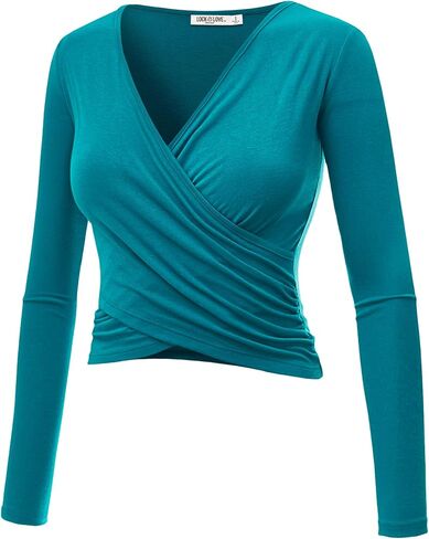 Lock and Love Women's Premium Short/Long Sleeve Deep V Neck Slim fit Cross Wrap Crop top Shirt-Made in USA in Kuwait